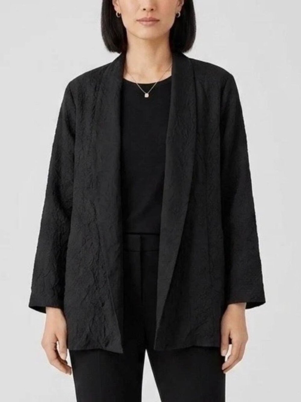 Eileen Fisher Open Front Kimono Jacket Sz 1X Womans Black 100% Silk Embroidered